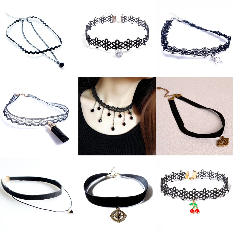 

Collar Necklace For Woman Girl Fashion Jewelry Lace Velvet Trend Summer Gift Simple Black Sequins Pearl Fringed Pendant