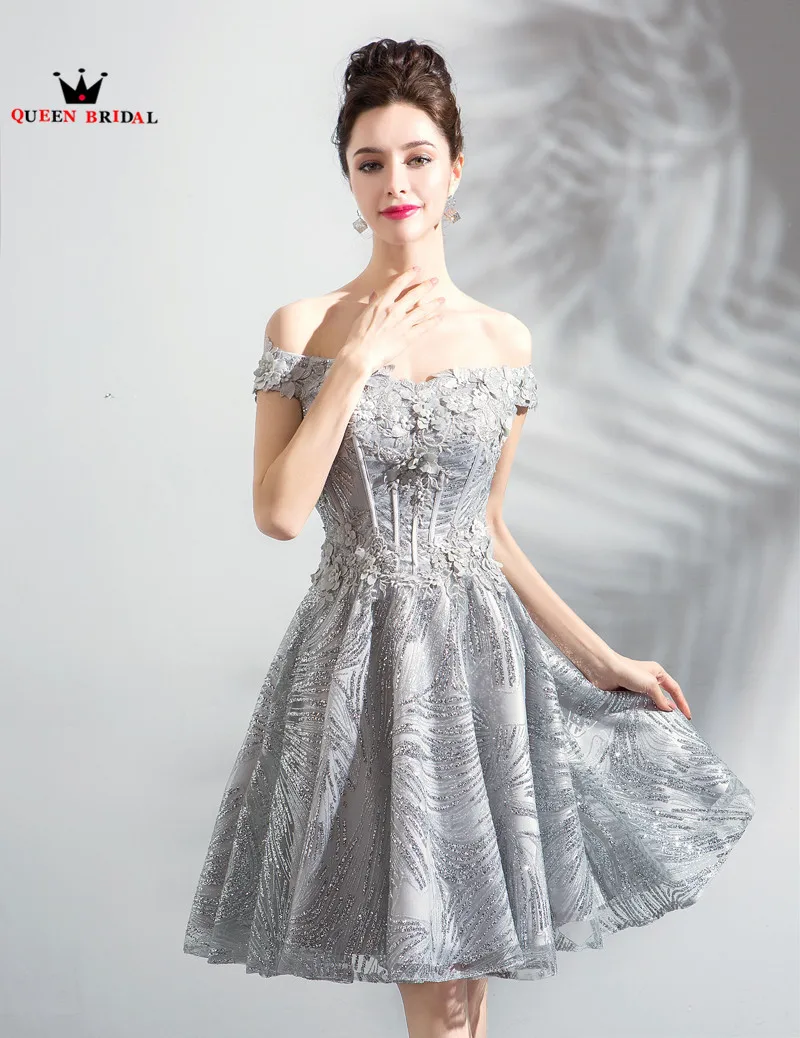 A-Line cap Sleeve Gray Sequin Tulle Lace Бисероплетение Цветы Короткие вечерние платья 2018 Новое поступление вечерние халат De Soiree JU31