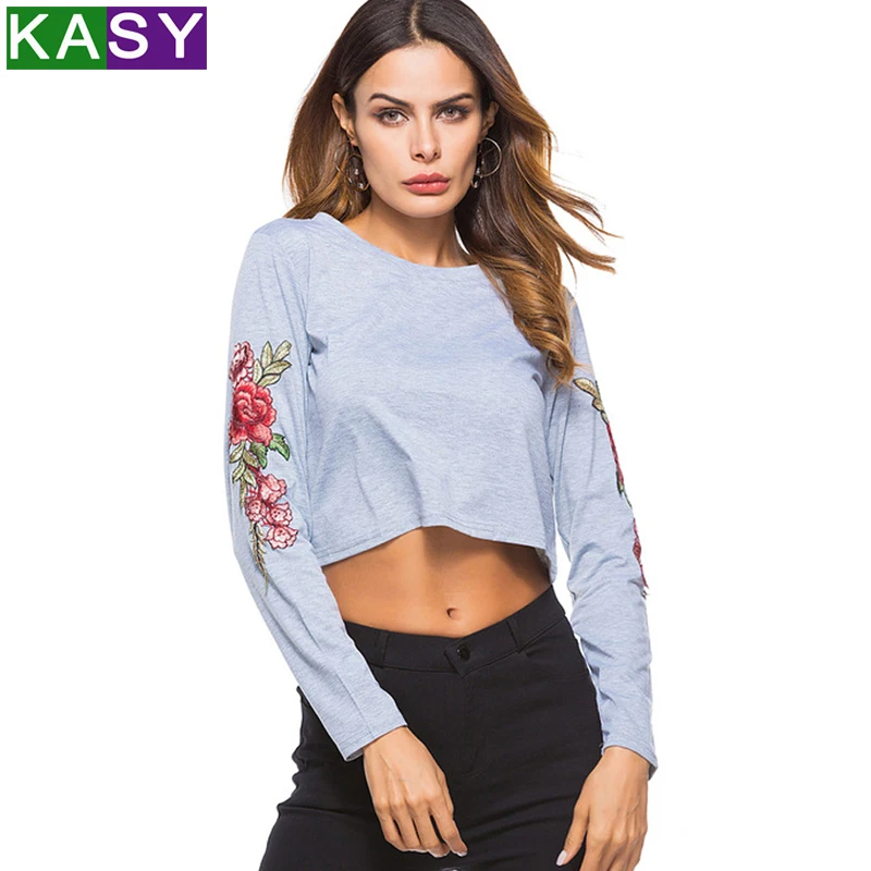 Для женщин цветочный вышивка короткая блузка Blusas Femininas повседневное с длинным рукавом O средства ухода за кожей шеи рубашки для мальчико