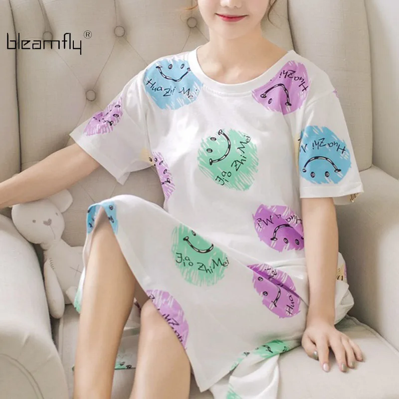 Women Cotton Nightgown Short Sleeve Loose T Shirt Night Dress Printed