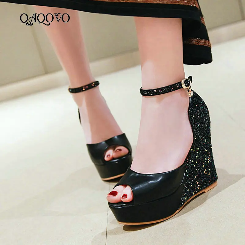 

Women Platform Peep Toe Shoes 2019 New Summer High Heel Wedges Sandals Fashion Sequined Buckle Dress Shoes Pink White Black