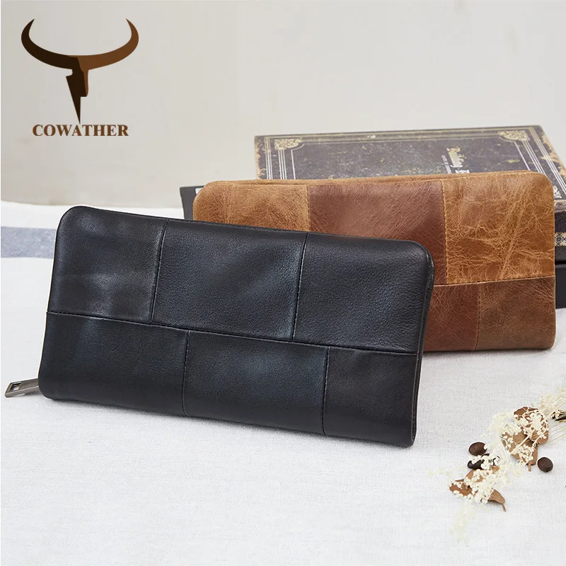 

COWATHER 2019 high quality genuine leather men wallets first layer cowhide long style fashion male purse Q2056 free shipping