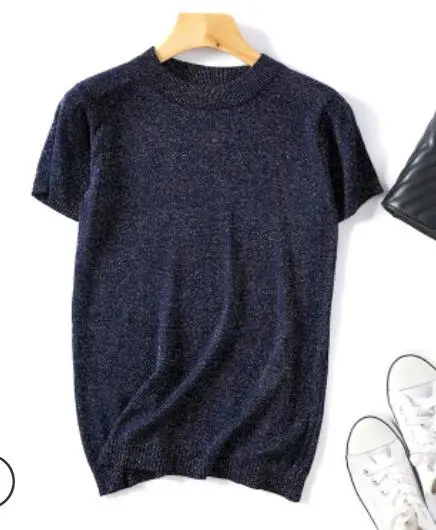 dark blue Baharcelin Для женщин и девочек Лето-осень, с короткими рукавами, вязаные пуловеры с круглым вырезом свитера базовый трикотаж тонкий свитер верхняя одежда, топы - Цвет: dark blue