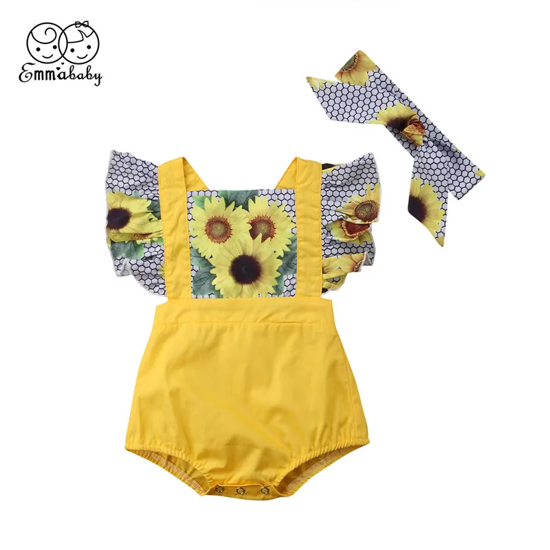 

0-24M Cute Newborn Baby Girl Sunflower Pattern Romper 2018 Summer Baby Girl Short Sleeve Romper Bebes Patchwork Jumpsuit Outfits