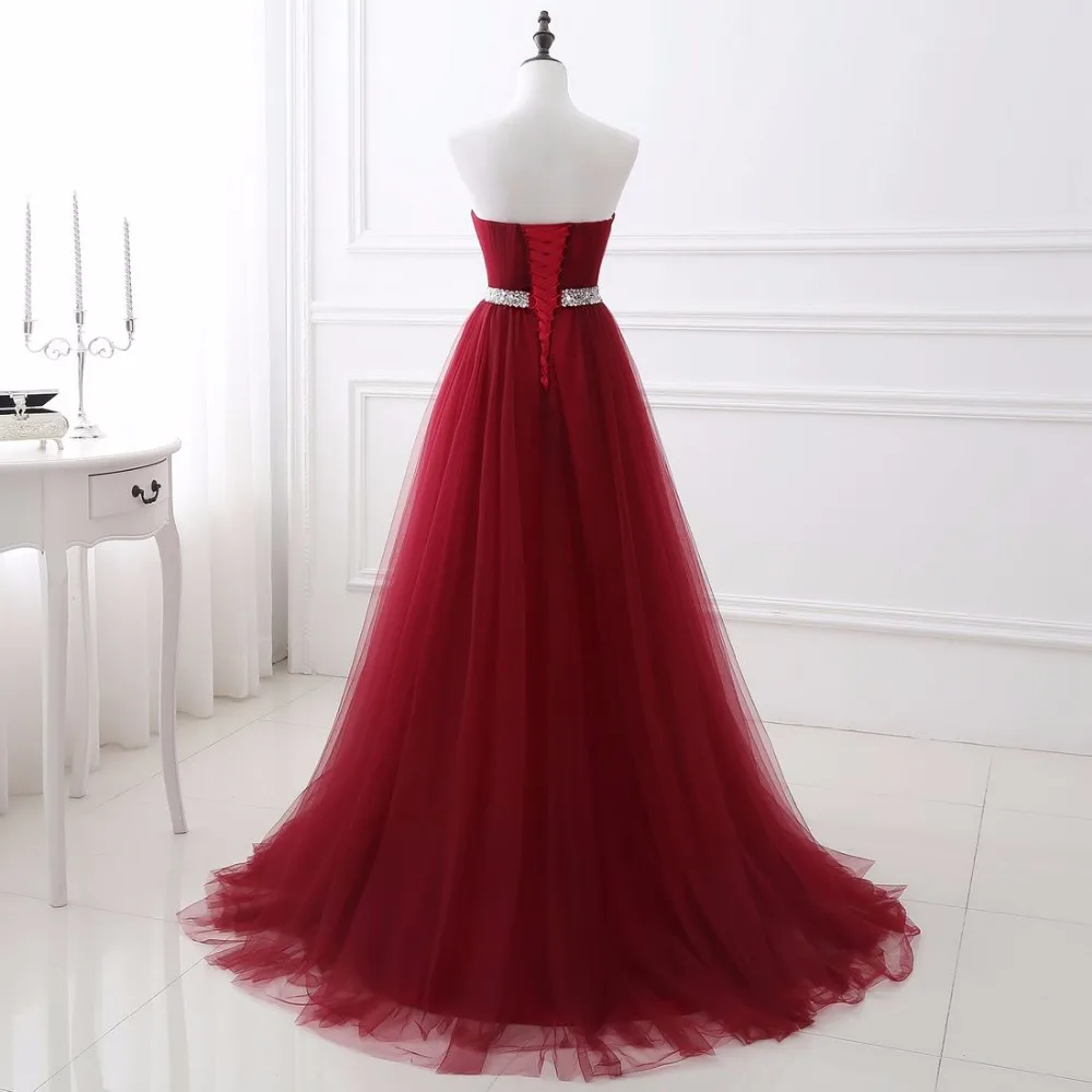 Günstig EDLE WEISS Dark Red Abendkleider Net Falte Perlen Custom Made Lace up Zurück Prom Party Kleid Mit Gericht zug