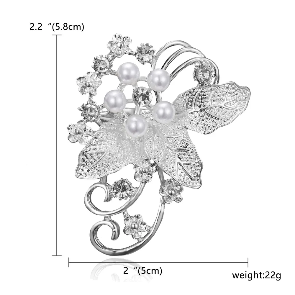 Rinhoo большая Серебряная пластина, сплав, цветок, лист, жемчуг, стразы, брошь, свадебная брошь для женщин, ювелирное изделие, подарок