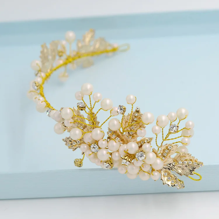 

golden handmade pearl long hair jewelry wedding hair accessories bridal headdress soft crown wholesale