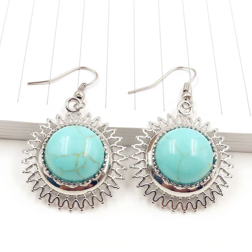 

FYJS Unique Silver Plated Sun Flower Green Turquoises Stone Round Cabochon Dangle Earrings Plant Jewelry