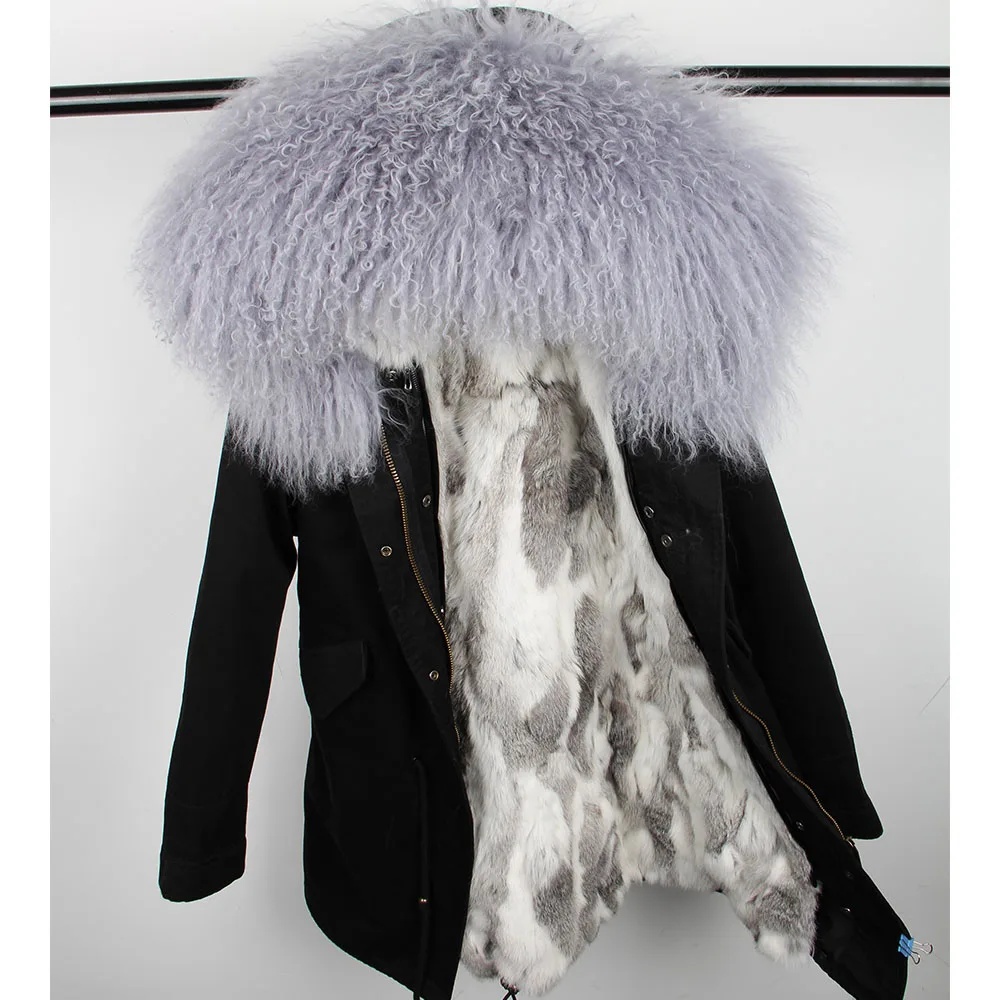 MAOMAOKONG/зимняя куртка с натуральным кроличьим мехом, пальто из натуральной шерсти, парка с капюшоном и меховым воротником - Цвет: 5 D25