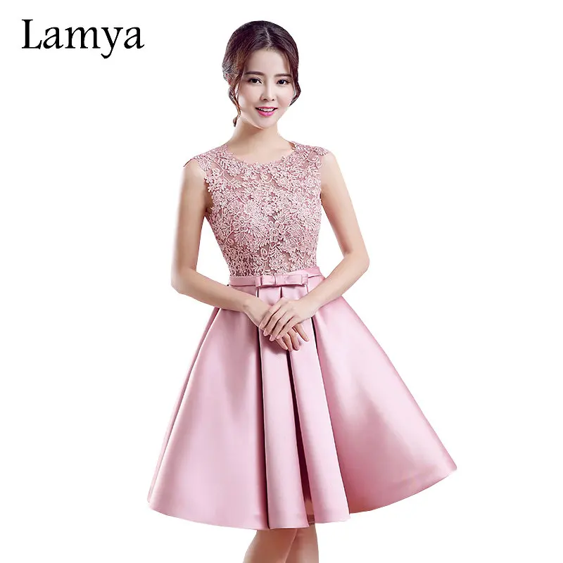 LAMYA короткое ТРАПЕЦИЕВИДНОЕ розовое атласное платье для выпускного вечера для женщин кружевное свадебное вечернее платье vestido de festa - Цвет: as pic