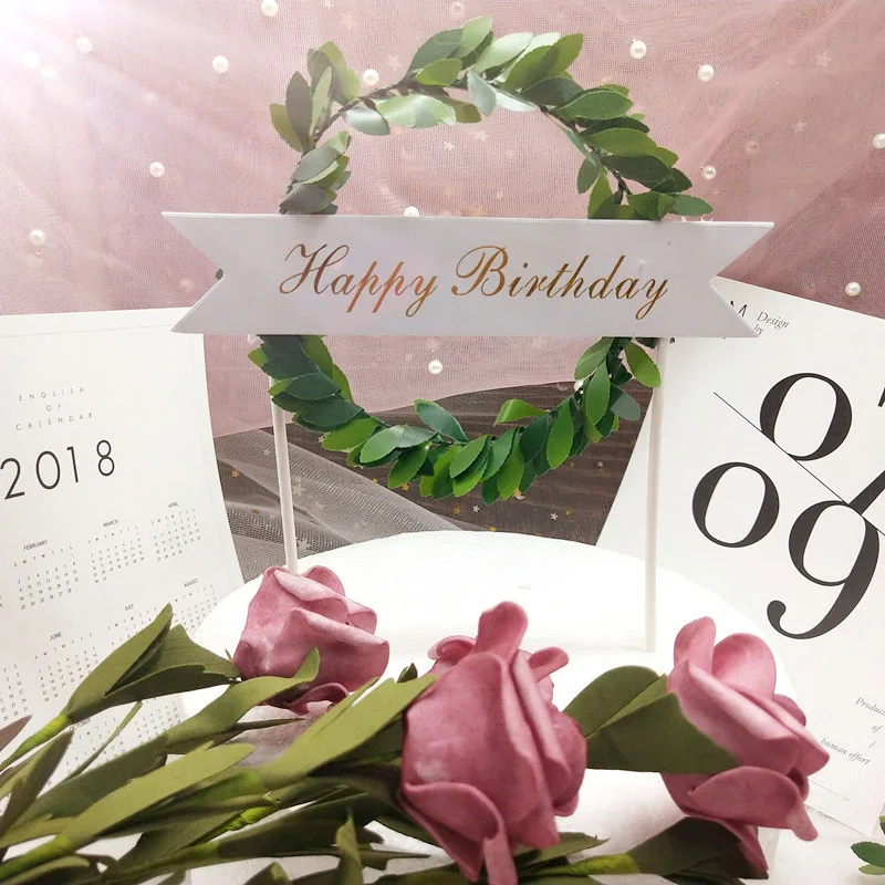 2 шт Розовый Зеленый лист венок "с днем рождения" "Сладкая любовь" торт Топпер десерт украшение на день рождения милые подарки