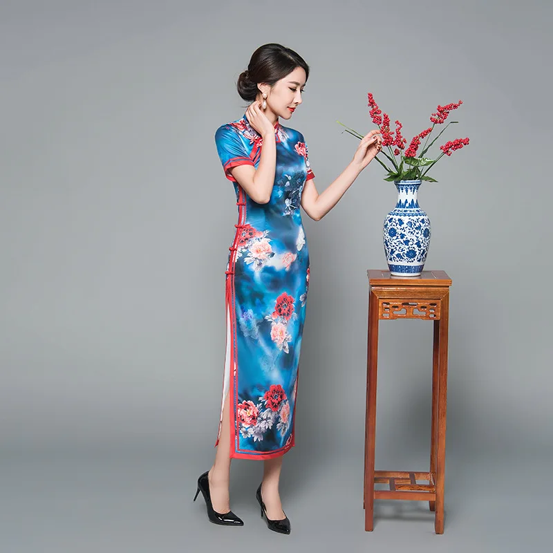 Буле Винтаж печати традиционные Для женщин атлас Cheongsam Длинные пикантные цветок китайское платье высокое Разделение элегантный Qipao Vestidos M-3XL