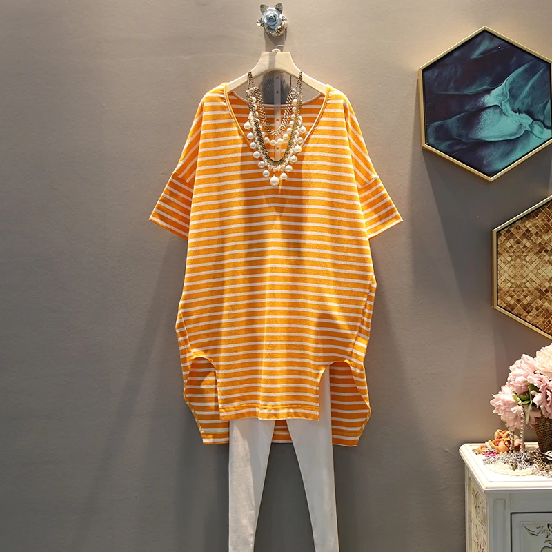 [HG] 2019 Summer Europe Fashion New Women V-neck Short Sleeve Dress Female Striped Irregular Casual Pullover Dress LY1004