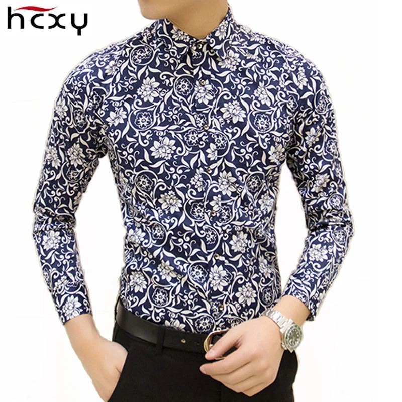 송료 무료 HCXY 남성 셔츠 화려한 프린트 봄 여름 캐주얼 셔츠 화려한 슬림 꽃 무늬 남성 셔츠