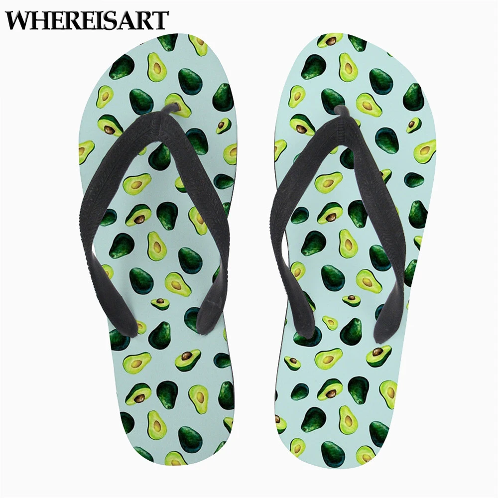 

WHEREISART 3D Avocado Pattern Summer Ladies Flip Flops Beach Slip-on Flats Women Casual Slippers Woman Home Room Sandals Mujer