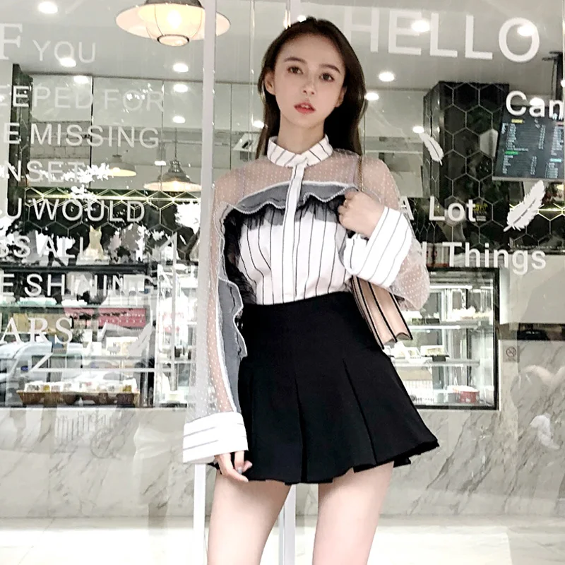 

women shirts lace chic shoulder striped butterfly sleeve small pure fresh sweet female blouse 2018 fairy princess temperament