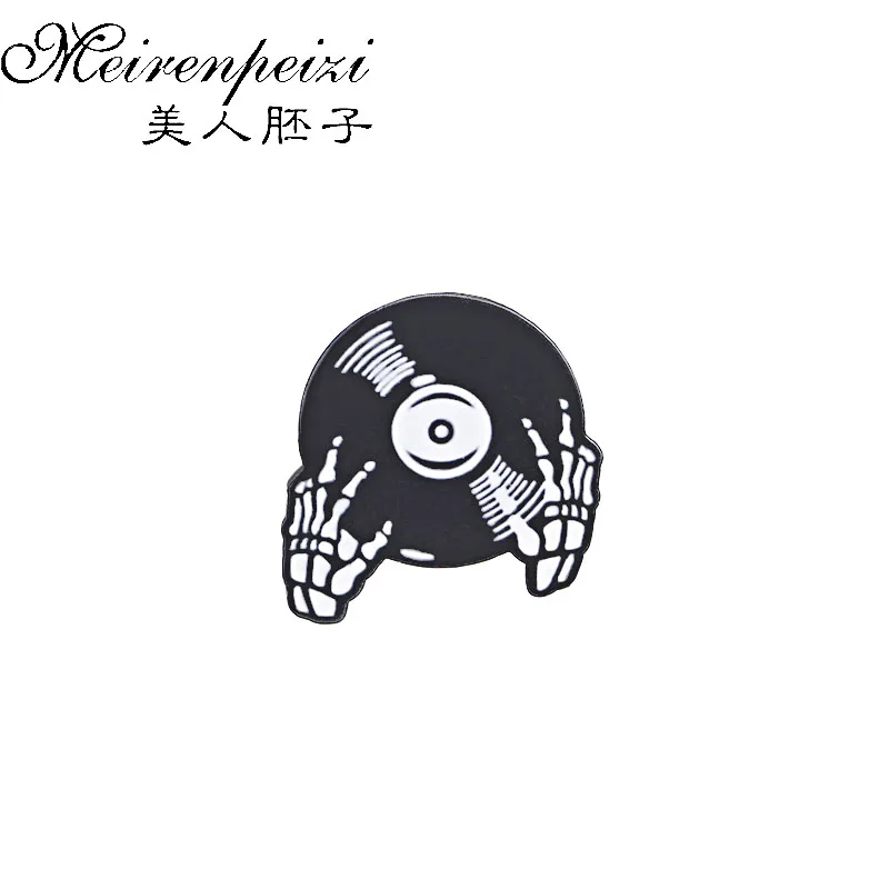

Novelty Record Hands Enamel Pin DJ Play Music Lapel Pins Skull Brooch Punk Goth Brooches Badges Music Collection Pinback Button