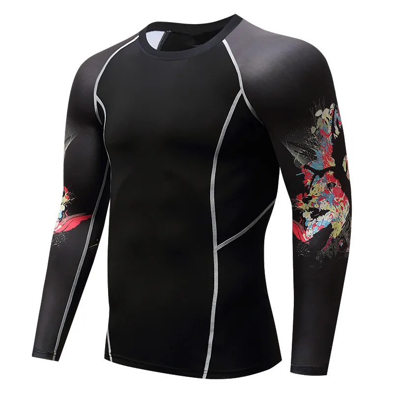 Новая компрессия мышц для мужчин облегающая футболка с длинными рукавами двухсторонняя печать ММА Рашгард Фитнес Базовый слой одежда для тяжелой атлетики
