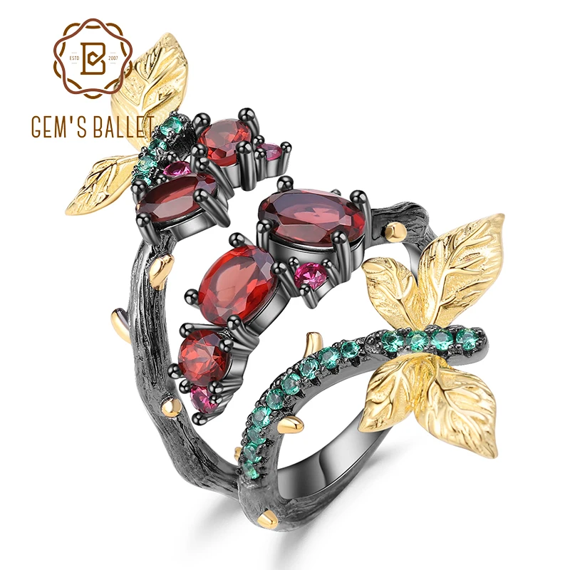 

GEM'S BALLET 925 Sterling Silver Original Handmade Open Adjustable Ring 1.81Ct Natural Garnet Branch Rings for Women Bijoux