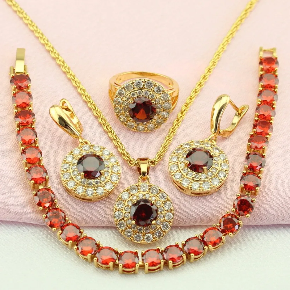WPAITKYS Red Cubic Zirconia Gold Color Jewelry Sets For Women Wedding