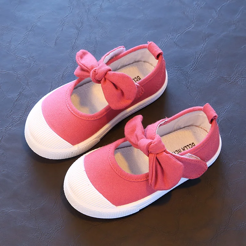 Sapatos de Salto Bekamille Primavera Outono Crianças Lona Sapatos Casuais Adorável Arco Plano Meninas Princesa Cor Sólida Tênis 5 Mamãe e Bebê