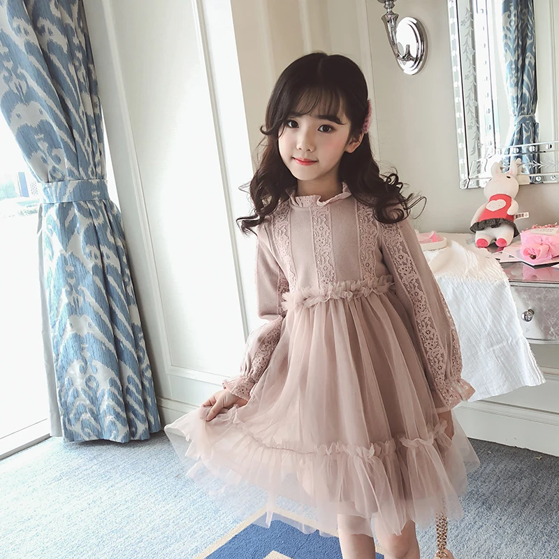 

Teenager Girls Dresses 2018 New Autumn Solid Cotton Long Sleeve O-neck Princess Lace Dress Party Children Costume Clothes 5ds717