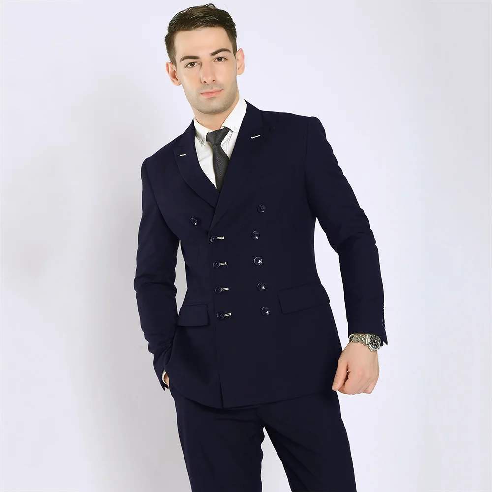 TOTURN Fashion Men Suits Black Navy Blue Double Breasted Suit Jacket Pant Male Casual Blazers Business Coat Formal Costume - Цвет: Тёмно-синий