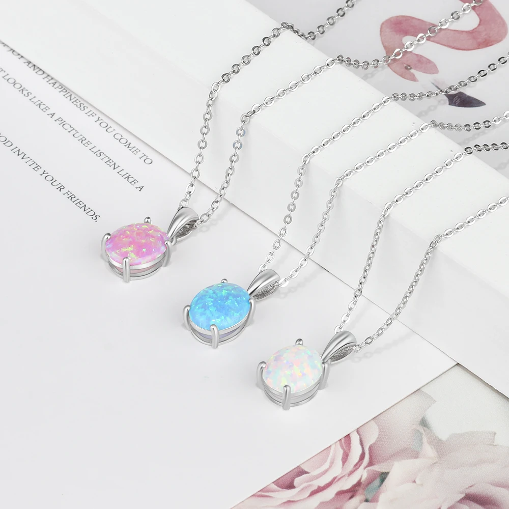 Ожерелье-чокер серебряного цвета с кулоном, Женская цепочка на шею с овальным, белым, розовым, голубым опалом, хороший подарок на день рождения