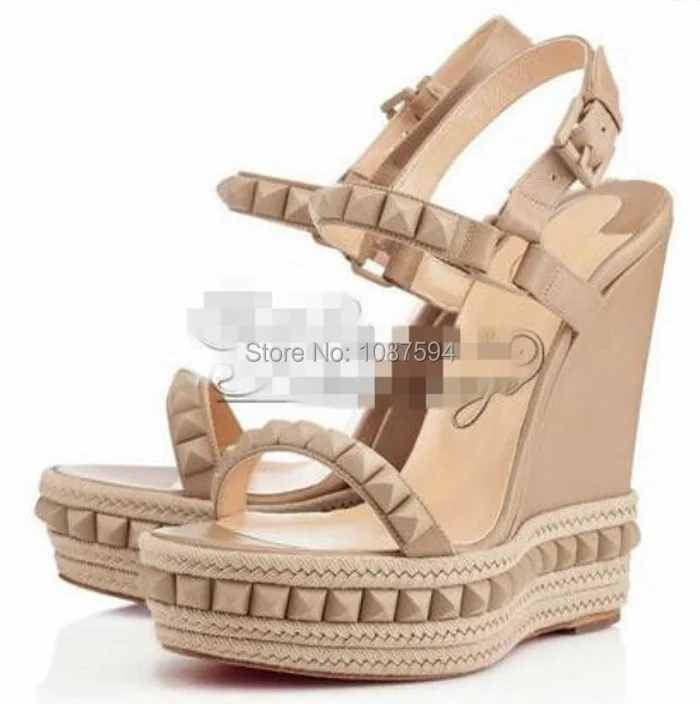 2014 new HOT Design Studded leather and rope wedge sandals studs high