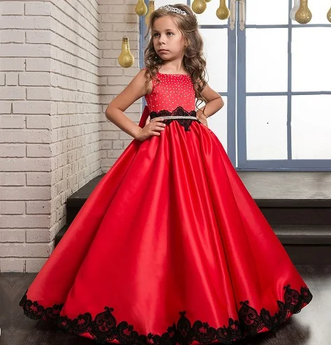 SMR018 Европейское и американское классическое красное атласное платье с вышивкой черного кружева для танцев Свадебные платья платье для девочек