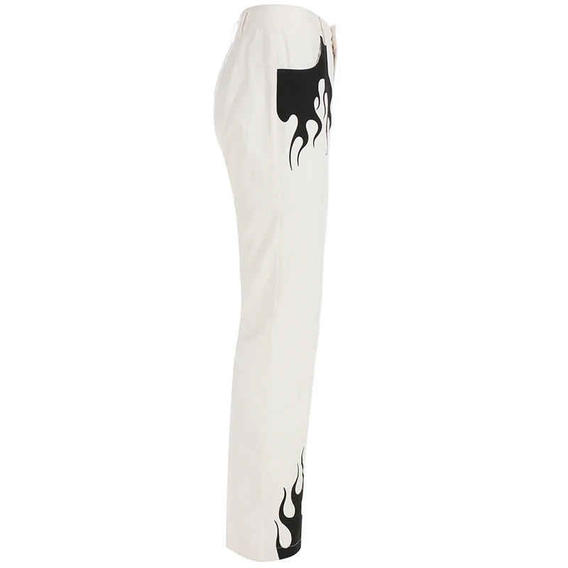 Darlingaga/Хлопковые винтажные модные белые широкие брюки; брюки с принтом пламени; Брюки с карманами; брюки с высокой талией; сезон весна года; брюки