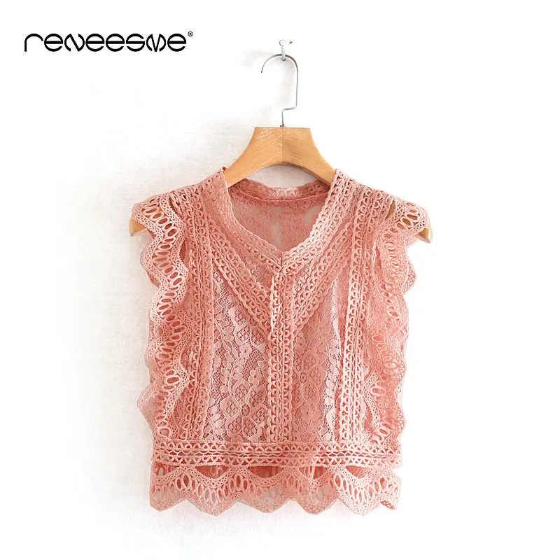 

reneesme sweet new spring summer women blouse sleeveless hollow out solid short ladies blouses tops casual female chic blusas