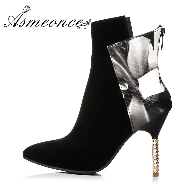 Women Ankle Boots Suede Leather Shiny Bling Punk High Heels Pointed Toe