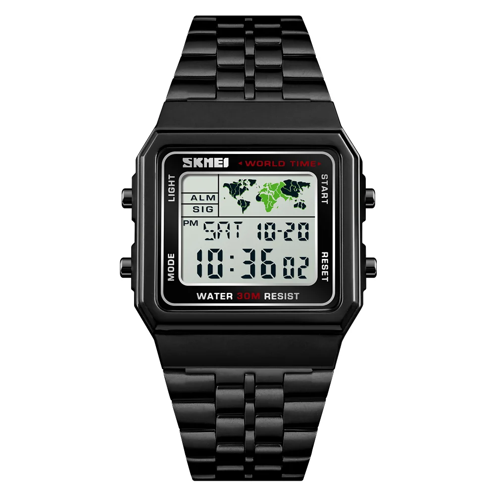 

SKMEI 1338 Fashion Electronic Watch 30M Waterproof Multifunction Men Wristwatches Square Dial stainless Steel band Digital Clock