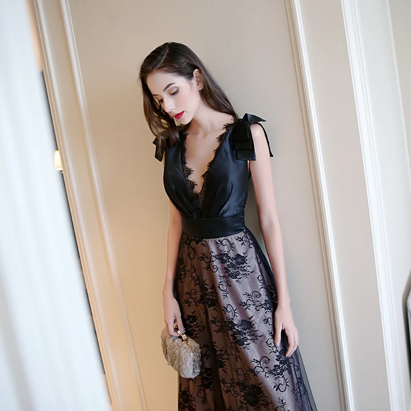Ssyfashion Новый Винтаж элегантное черное платье для выпускного банкет сексуальное