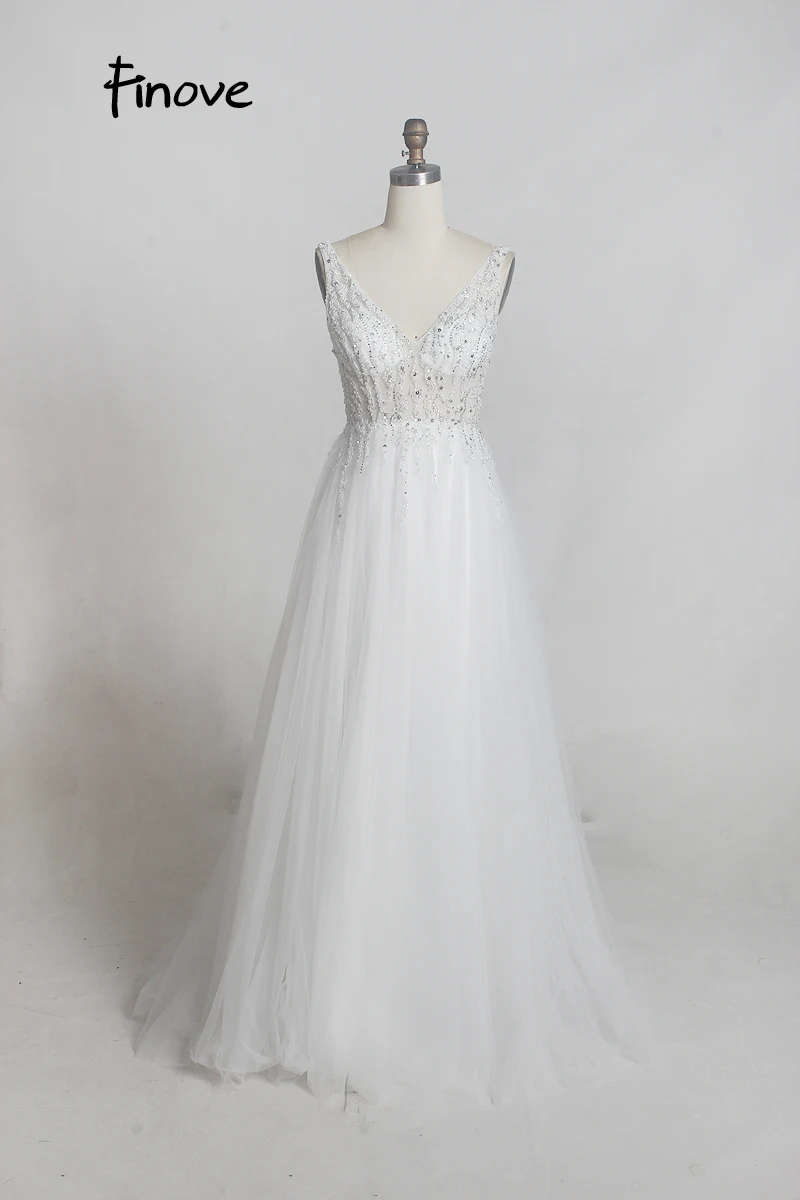 Finove 2020 Prom Dress New Design Sexy Light Illusion Tulle Beading V-Neck Sleeveless Elegant A-Line Long Prom Party Woman Dress