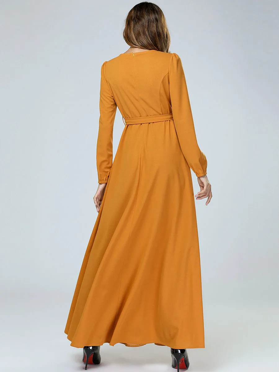 Арцу элегантное желтое женское с длинным рукавом Цветочная вышивка Макси Платье 4XL размера плюс бант на шнуровке зимнее платье повседневное платье Femme