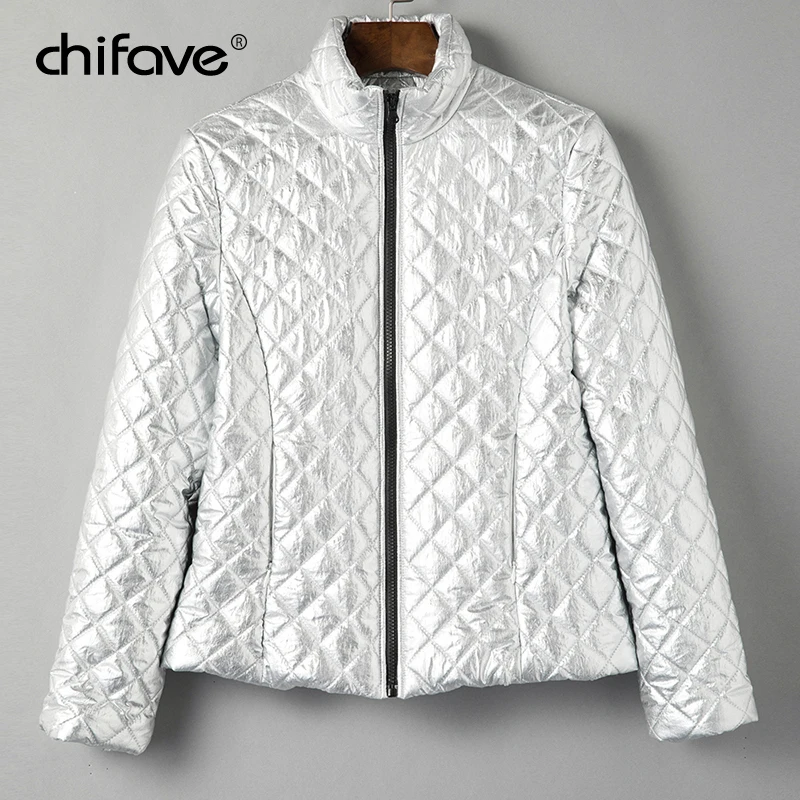 2018 Women Silver Winter Bomber Jacket Fashion Long sleeve Zipper Warm