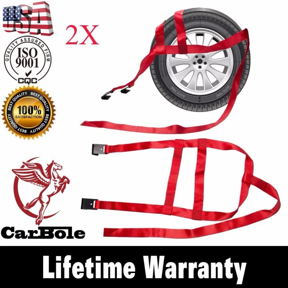 

CARBOLE 2pcs Car Basket Straps Adjustable Tow Dolly Wheel Net Set Flat Hook RED