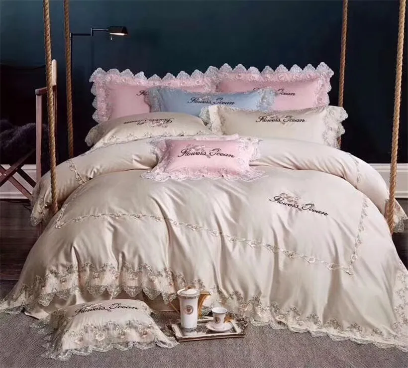 Pink Blue Lace Ruffle Floral Shabby Chic Duvet Cover Set With Bed