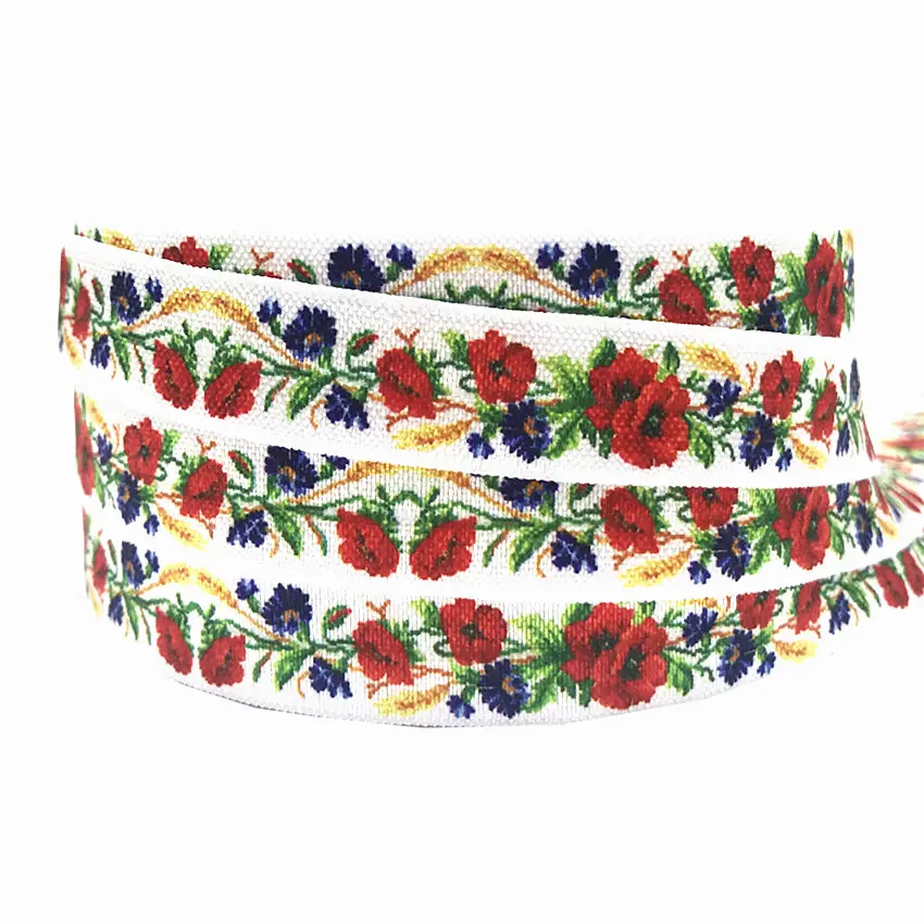 

10Yards/lot Rose flowers Print Fold Over Elastic 5/8" FOE Ribbon Webbing for DIY Headwear Hair Tie Hair Accessories
