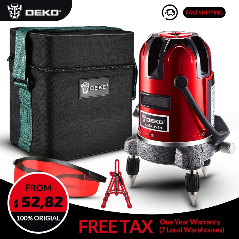 

DEKO LL57T Red Laser Leverl Self Leveling 360 Degrees Multi Mode With Tripod Set and Cloth Bag 5 Lines 6 Points