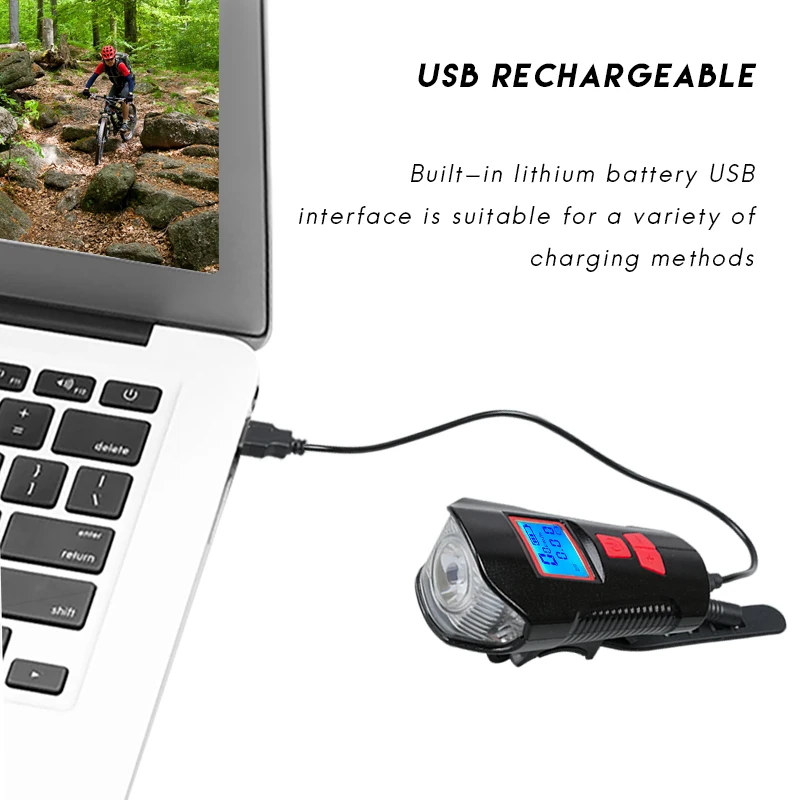 Excellent Bike Light Rechargeable USB MTB Bicycle Headlight Cycle Lights LED Flashlight for Bicycle Front Light Speedometer Horn 3 in 1 4