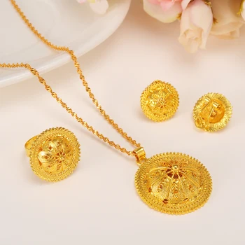 

Habesha Peak Jewelry set N B E Ethiopian Bridal Wedding 24 k Yellow Solid Gold FINISH Pendant earrings ring wholesale