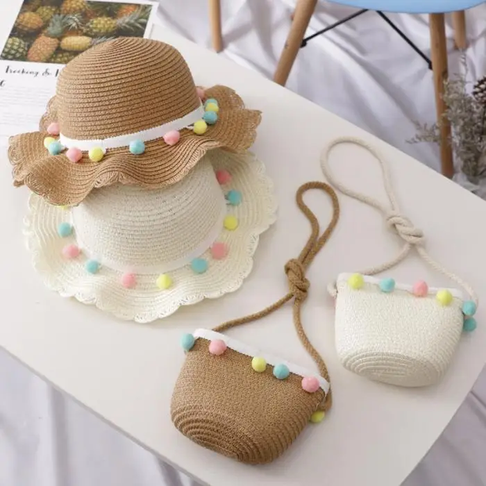 Lovely Hat Bag Set Wavy Straw Hats Colored Balls Cap Single Shoulder Bag for 2-8 years old girls Spring Summer Beach ZJ55