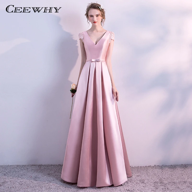 

CEEWHY Open Back V-Neck Lace Satin Long Dress Elegant Vestido de Festa Longo Robe de Soiree Longue 2018 Evening Gown Kaftan