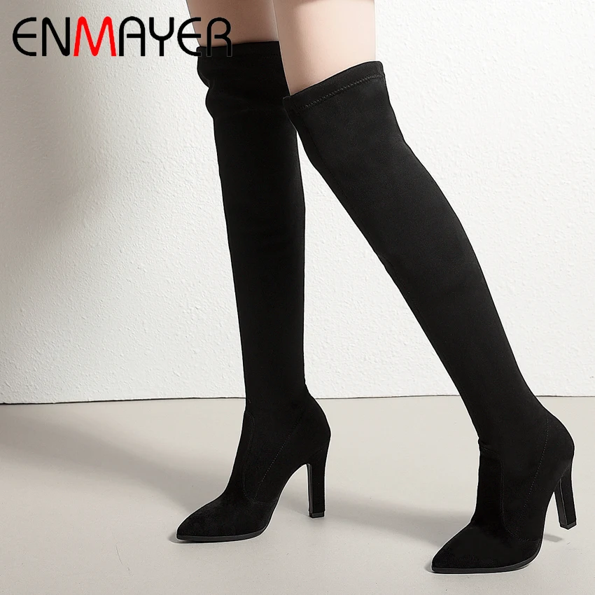 

ENMAYER 2019 New Arrival Flock Over The Knee Boots Basic Pointed Toe Super High Fashion Shoes Winter Solid Size 34-43 LY4007