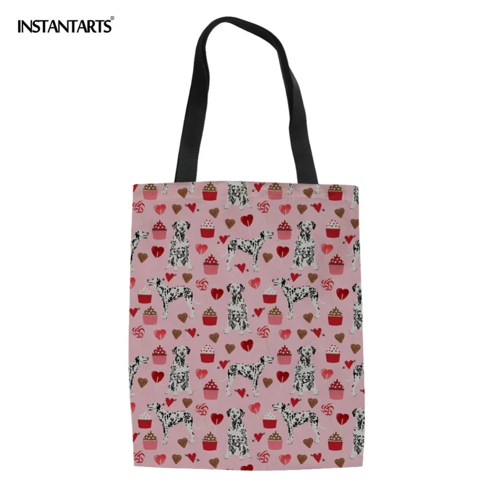 

INSTANTARTS Dalmatian Dog Pink Candy Prints Girls Casual Shopping Bags Canvas Multi-function Stylish Canvas Linen Tote Bag Women