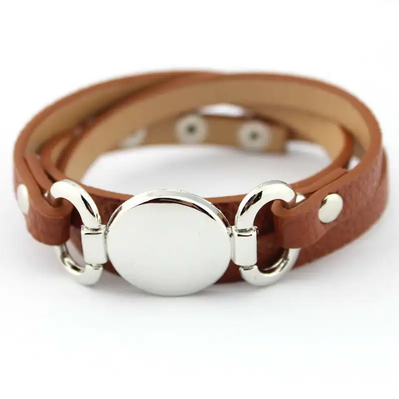 Новейший трендовый кожаный серебряный браслет с монограммой для женщин Серебряный Пустой диск многоуровневый браслет браслеты и браслеты