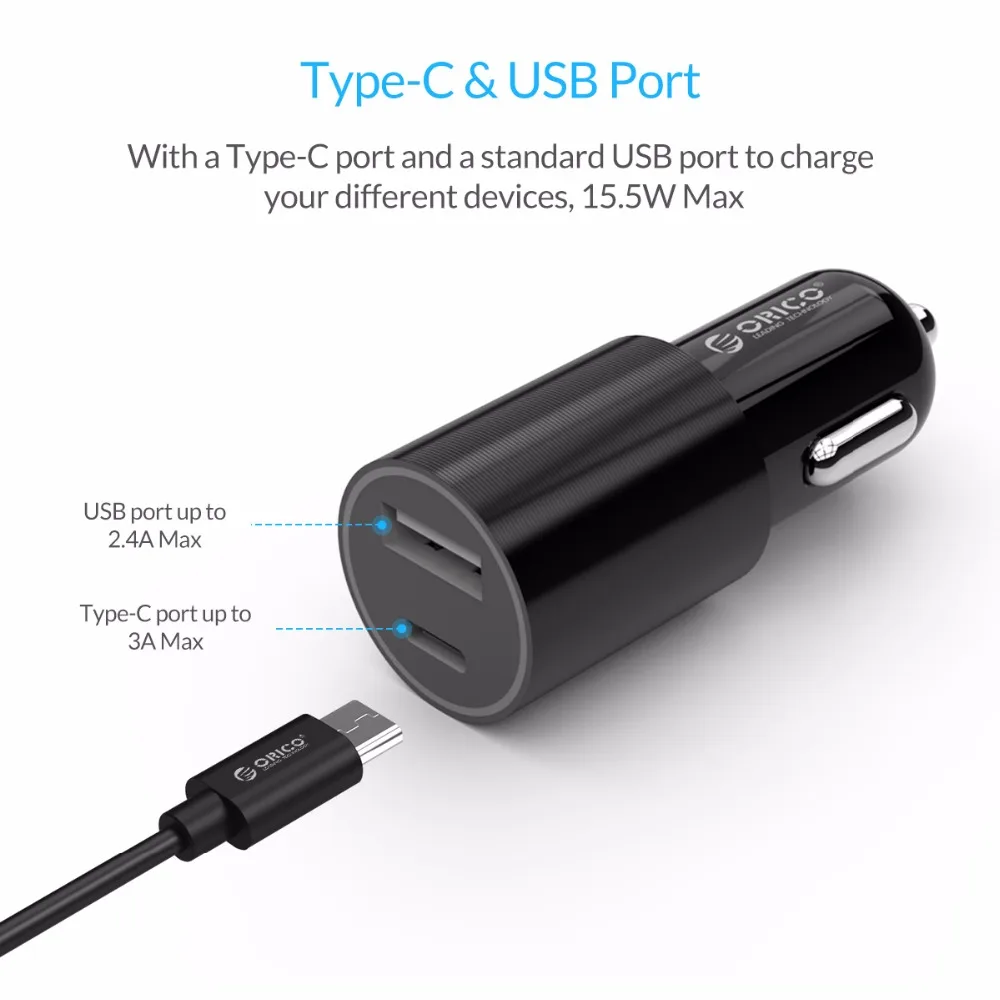 ORICO USB-C شاحن سيارة ميناء المزدوج 3.1A 15.5 W نوع-c سريعة شاحن الهاتف المحمول محول السفر ولاعة السيجار DC 12- 24 V